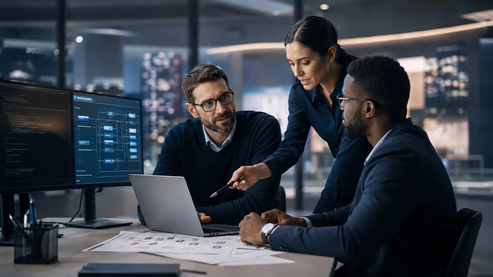 Consultants reviewing backend architecture and technical systems