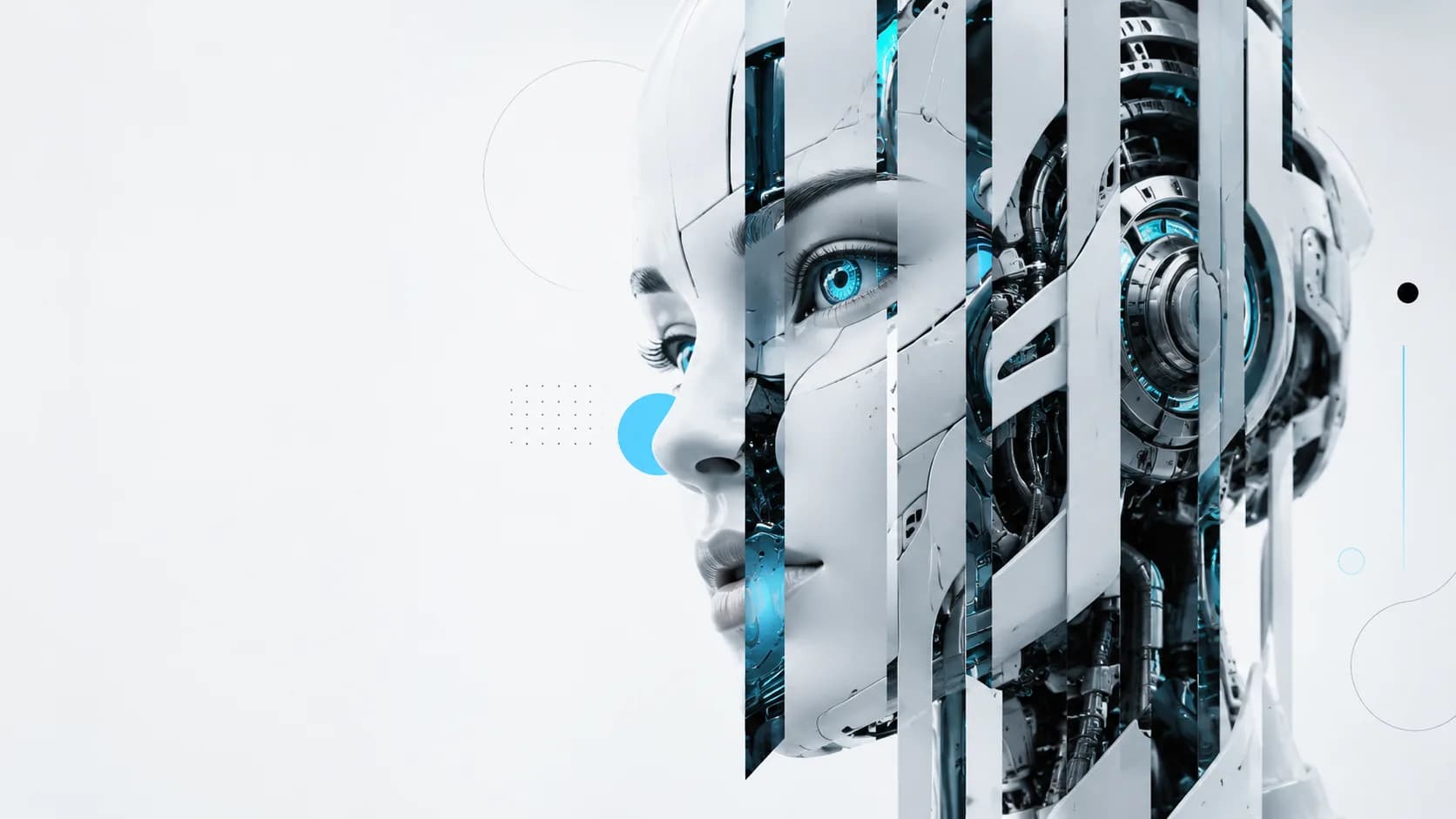 Fragmented humanoid robot portrait representing AI workflow integration